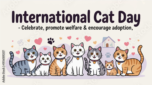 International cat day celebration with diverse group of cats and hearts