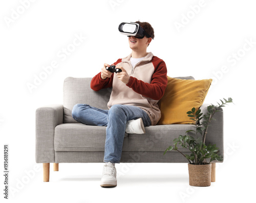 Redhead young man in VR gla...