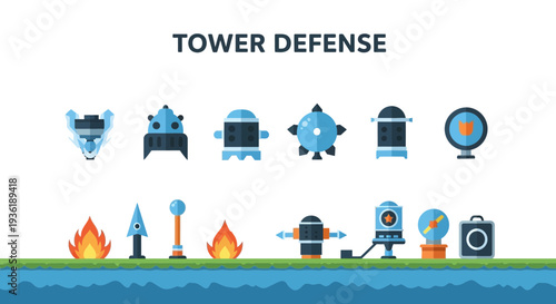 A collection of stylized tower defense game assets above a landscape strip