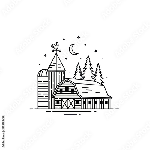 Rustic Farm Scene with Barn, Silo, and Pine Trees at Night.