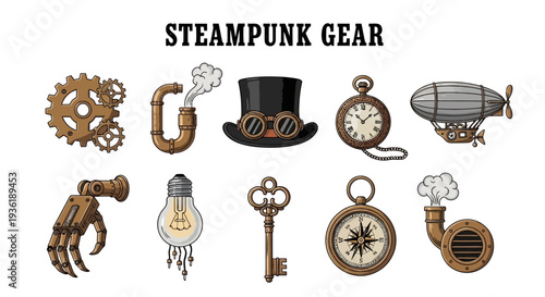 Illustration of ten distinct brown and bronze steampunk gear icons on a white background