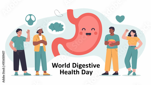 World digestive health day illustration with diverse people and a smiling stomach