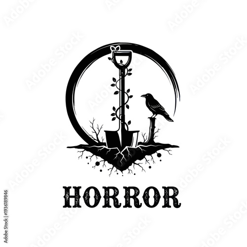 Spooky Shovel and Raven with Horror Text Logo Design.