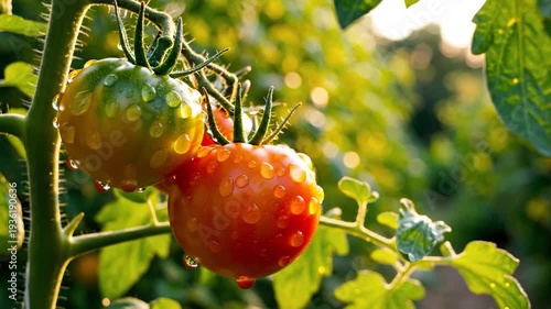 Fresh organic tomatoes on the vine covered in morning dew drops