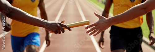 Relay race baton handoff on running track symbol of teamwork partnership leadership and athletic speed in competition