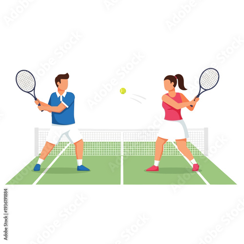 Couple playing tennis on green court with net and ball, active lifestyle illustration