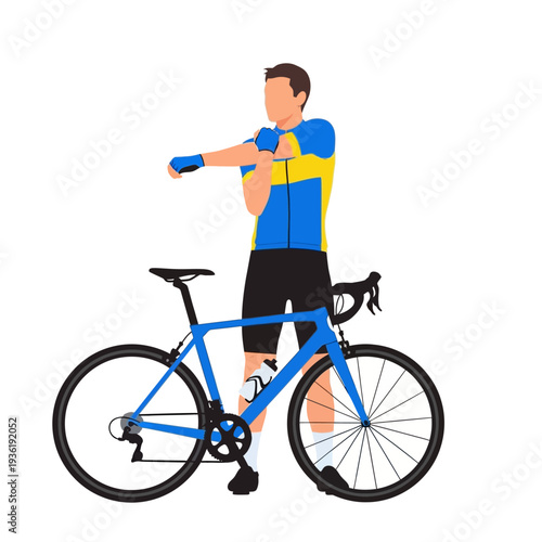 Cyclist stretching arms next to bicycle, athletic man warming up before cycling