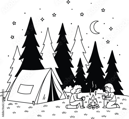 Camping in the woods on a starry night with a tent and a campfire