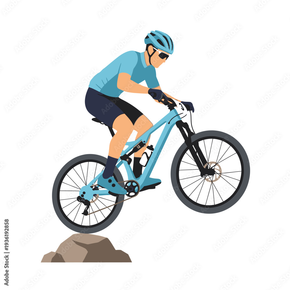 Naklejka premium Mountain biker jumping over rock obstacle, extreme sport, action illustration