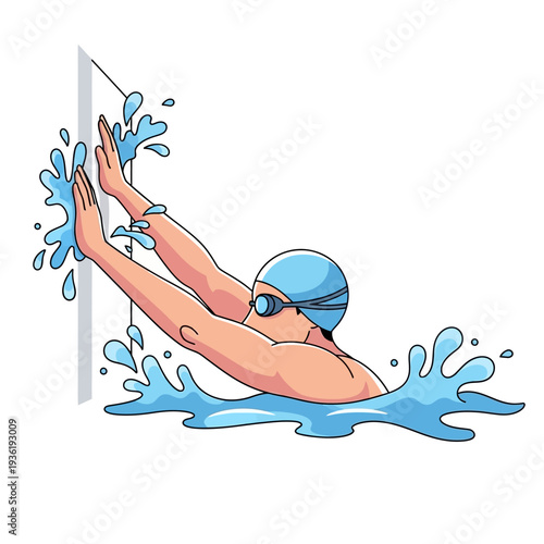 Swimmer Touching Wall in Pool, Splash Water, End of Lap, Sports Illustration