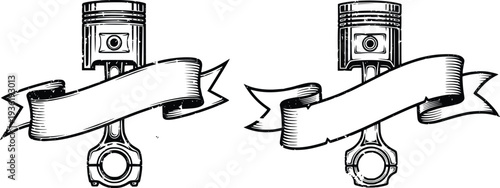 Vintage engine piston with ribbon banner vector illustration, retro automotive mechanic emblem in black and white