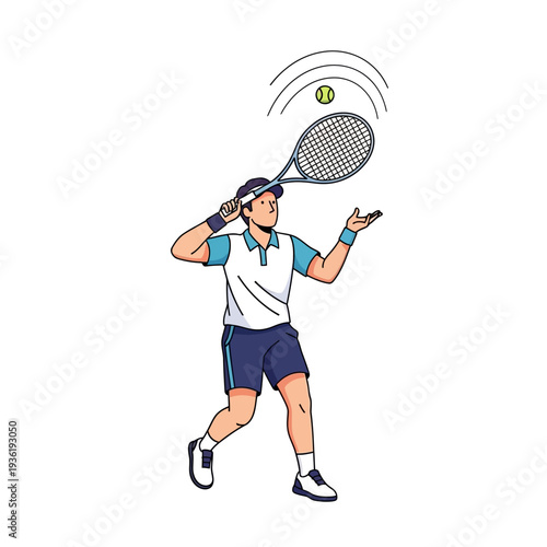 Tennis Player Serving Ball with Racket, Active Sport Illustration