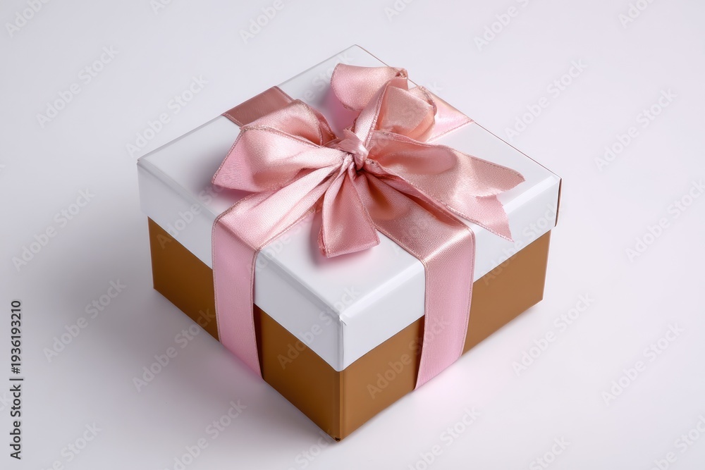 Fototapeta premium Square gift box, white and brown, tied with pink ribbon