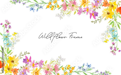 Watercolor floral background with abstract hand painted spring wild flowers for banner, web, social media and greeting card. Vector botanical frame.