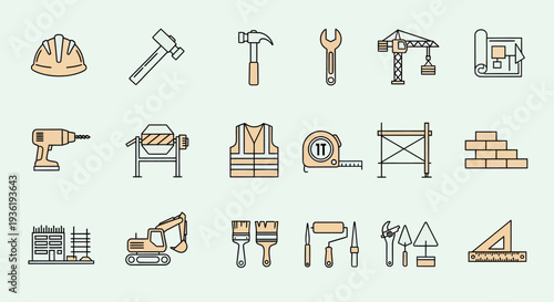 Construction Tools and Equipment Icons Set.