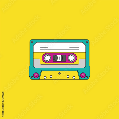 Retro Cassette Tape Flat Design Illustration on Bright Yellow Background for Music Nostalgia