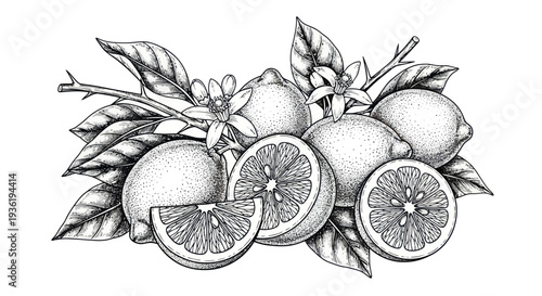 Detailed Hand-Drawn Illustration of Fresh Lemons with Leaves and Flowers.