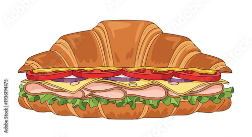 Delicious Croissant Sandwich with Turkey, Cheese, Lettuce, Tomato, and Onion