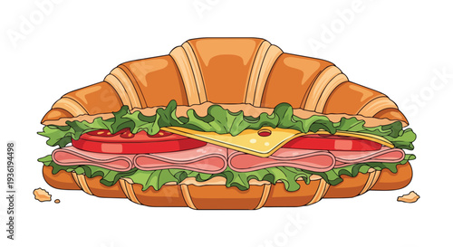 Delicious Croissant Sandwich with Ham, Cheese, Tomato, and Lettuce