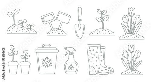 Gardening tools and plants doodle set, hand drawn outline vector illustration.