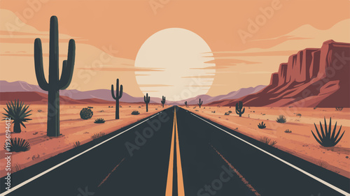 Desert highway with cacti and rocky formations under orange sunset sky empty road stretching into the distance