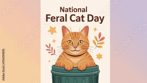 Orange tabby cat in green trash can surrounded by stars and leaves on national feral cat day