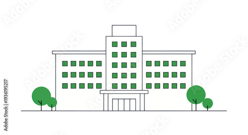 Modern Building with Green Windows and Trees.