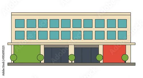 Modern Commercial Building Facade with Green and Red Sections.