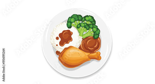 Healthy Chicken Leg Meal with Rice, Broccoli, and Gravy on a White Plate