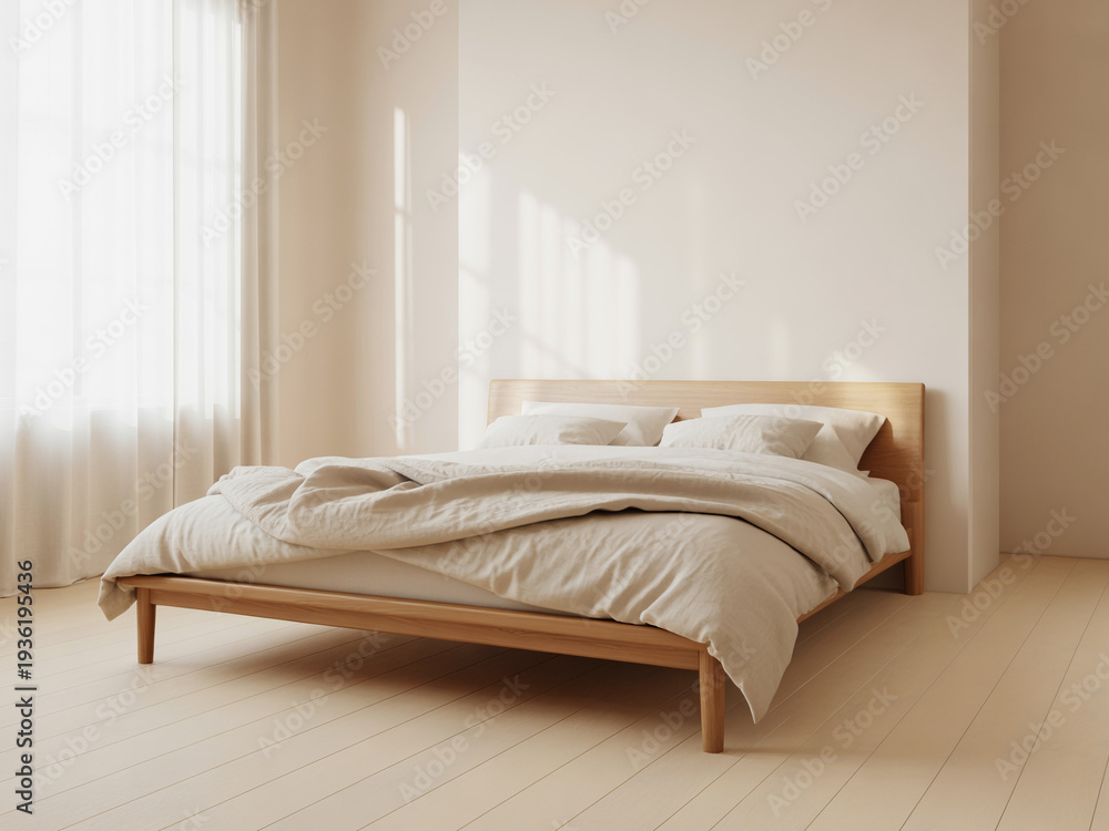 Obraz premium Scandinavian bedroom with wooden bed frame, cozy linen bedding, neutral beige walls, aesthetic interior design, bright natural morning sunlight, simple home decor, japandi style furniture.