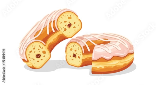 Delicious Glazed Doughnut Halved, Showing Cakey Texture and Raisins, Isolated on White