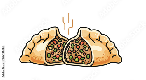 Delicious Steaming Dumplings, Halved to Reveal Savory Filling, Isolated on White