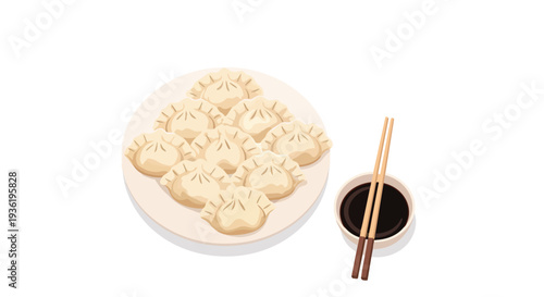Delicious Dumplings on a Plate with Soy Sauce and Chopsticks
