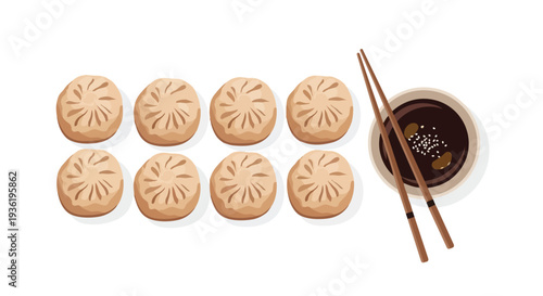 Delicious Steamed Dumplings with Soy Sauce and Chopsticks - Top View