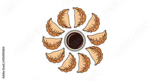 Round Arrangement of Delicious Dumplings Around Soy Sauce Dip