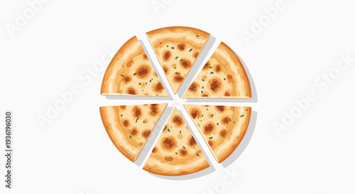 Whole pizza cut into six slices, isolated on white background, top view.