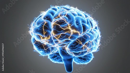 Vibrant blue human brain with glowing electrical impulses and neural activity