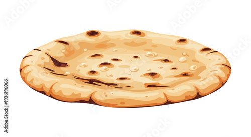 Freshly baked naan bread, a traditional Indian flatbread with golden brown spots, isolated on white background.