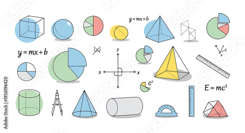 Various geometric shapes and graphs illustrated on a clean white background from a direct viewpoint