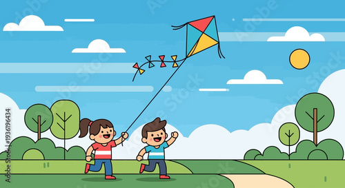 Children running and flying a colorful kite outdoors in a park