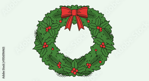 Christmas wreath with red bow and holly berries illustration