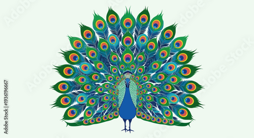 Colorful peacock with majestic fanned tail illustration on white background