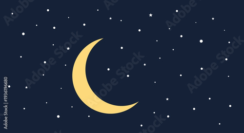 Crescent moon and stars in dark blue night sky illustration
