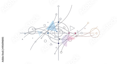Abstract geometric shapes intersecting with dynamic lines and circles in a complex composition viewed from a straight-on perspective