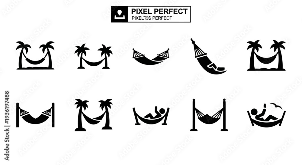 Obraz premium Collection of hammock and palm tree illustrations showcasing relaxation and leisure activities in a serene tropical setting from various viewpoints