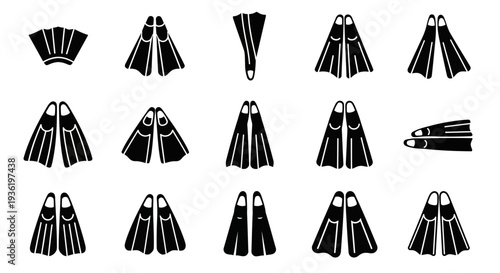 A diverse collection of diving equipment fins and accessories displayed in a grid layout on a plain background from a straightforward viewpoint
