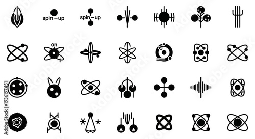 Collection of abstract black and white symbols and icons representing various concepts on a plain background