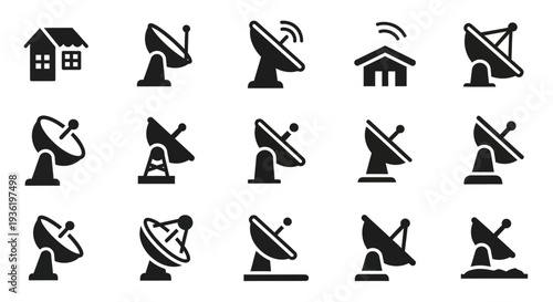 Satellite dishes and antennas collection in various orientations and configurations displayed in a grid