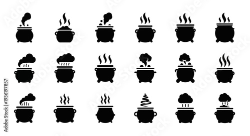 Collection of black pot icons with various plant silhouettes and steam rising, illustrating different stages of plant growth and care