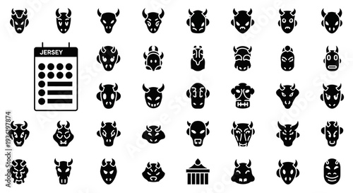 Black and white illustration of various animal and mythical creature heads and a calendar icon displayed together on a plain background from a straightforward viewpoint